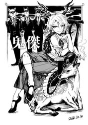  3boys animal_ears antlers arm_rest arms_behind_back chair chinese_commentary collared_shirt commentary crossed_legs deer deer_ears dragon_horns dragon_tail female fingernails greyscale heran_hei_mao hooves horns jacket kicchou_yachie kiseru long_sleeves looking_at_viewer mary_janes monochrome multiple_boys otter_ears otter_spirit_(touhou) pants sharp_fingernails shirt shoes short_hair sidelocks sitting skirt smile smoking_pipe socks standing suit_jacket sunglasses tail touhou translated turtle_shell watson_cross wily_beast_and_weakest_creature wing_collar 