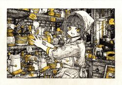  border bowl brick_wall coffee_maker cup dishes drawer female hands_up highres kitamurashu lamp long_sleeves looking_at_viewer monochrome open_mouth original partially_colored plate shelf short_hair solo upper_body white_border yellow_eyes yellow_nails 