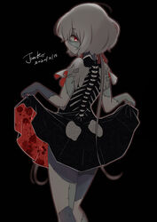  absurdres black_background carrion1129 commentary_request dress female hair_ribbon highres konno_junko long_hair looking_at_viewer looking_back low_twintails patchwork_skin red_eyes red_ribbon ribbon short_sleeves skirt_hold solo stitched_arm stitched_face stitched_leg stitches thighs torn_clothes twintails two-sided_fabric two-sided_skirt very_long_hair white_hair zombie zombie_land_saga 