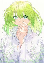  1other akapug621 androgynous bad_id bad_pixiv_id enkidu_(fate) fate/grand_order fate/strange_fake fate_(series) flower green_eyes green_hair hand_on_own_face robe upper_body 