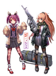  2girls alternate_costume ankle_bow antennae bow breasts camouflage_scarf camouflage_scrunchie closed_mouth collared_shirt commentary_request cz2128_delta entoma_vasilissa_zeta extra_pupils eyepatch fangs flat_chest full_body gloves green_eyes green_scarf grey_skirt gun hair_between_eyes holding holding_gun holding_weapon knee_pads long_hair long_sleeves machine_gun mary_janes multiple_girls off_shoulder overlord_(maruyama) ponytail red_eyes red_footwear scarf school_uniform shirt shoes sidelocks simple_background skin_fangs skirt sleeves_past_fingers sleeves_past_wrists small_breasts socks standing suspender_skirt suspenders symbol-shaped_pupils tsugu0302 twintails weapon weapon_bag white_background white_gloves white_shirt white_socks 