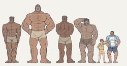  5boys abs arm_hair bara blue_shorts brown_shorts bulge chest_hair crossed_arms dark-skinned_male dark_skin denim denim_shorts dobito_mn facial_hair female full_body giant giant_male grin hairy height_difference highres korean_commentary large_pectorals leg_hair looking_at_viewer male_focus mature_male moustache multiple_boys muscular muscular_male navel navel_hair no_nipples orc original pectorals short_hair shorts sideburns size_difference smile standing stomach stubble thick_thighs thighs topless_male tusks unfinished 