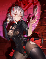  absurdres ambience_synesthesia arknights black_gloves black_pantyhose black_thighhighs breasts brick_wall card cleavage cowboy_shot demon_girl demon_horns demon_tail elbow_gloves female gloves grey_hair highres holding holding_card hongbaise_raw horns layered_legwear medium_breasts official_alternate_costume pantyhose parted_lips red_eyes single_glove smile solo tail thighhighs thighhighs_over_pantyhose thighs torn_clothes torn_pantyhose w_(arknights) w_(wanted)_(arknights) yellow_eyes 