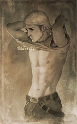  1boy abs arms_up art_of_neight artist_name artstation_logo belt brown_theme commentary cowboy_shot deviantart_logo english_commentary facebook_logo facial_hair highres instagram_logo jean_kirstein logo looking_away male_focus monochrome navel nipples pants patreon_logo sepia shingeki_no_kyojin shirt short_hair short_sleeves sideburns solo stubble tiktok_logo toned toned_male twitch_logo twitter_logo undressing 