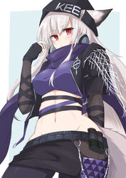  absurdres animal_ears arknights closed_mouth crop_top ears_through_headwear female fox_ears fox_girl frostleaf_(arknights) frostleaf_(breaking_the_ice)_(arknights) highres long_hair looking_at_viewer maiq06 midriff navel official_alternate_costume purple_shirt red_eyes shirt solo white_hair woollen_cap 