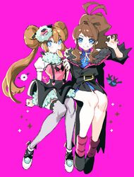  2girls alternate_costume ankea_(a-ramo-do) black_nails black_skirt blue_eyes blush boots bright_pupils brown_hair candy commentary double_bun doughnut_hair_bun food grey_thighhighs hair_bun hand_up high_ponytail hilda_(pokemon) holding invisible_chair knees lollipop long_hair looking_at_viewer multiple_girls nail_polish pink_background pokemon pokemon_(creature) pokemon_bw pokemon_bw2 rosa_(pokemon) shoes short_sleeves sidelocks simple_background sitting skirt symbol-only_commentary thighhighs twintails white_pupils woobat zweilous 