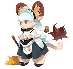  2017 anthro apron braided_hair broom cleaning_tool clothing dress felid female fur hair holding_broom holding_cleaning_tool holding_object koki maid_uniform mammal open_mouth short_stack simple_background solo standing tan_body tan_fur thick_thighs uniform white_background white_hair 