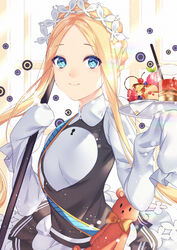  abigail_williams_(fate) abigail_williams_(festival_outfit)_(fate) akapug621 alternate_costume bad_id bad_pixiv_id blonde_hair blue_eyes blueberry broom cherry cup drinking_glass drinking_straw enmaided fate/grand_order fate_(series) female food fruit long_hair maid maid_headdress official_alternate_costume pancake sleeves_past_wrists smile strawberry stuffed_animal stuffed_toy teddy_bear tray very_long_hair 