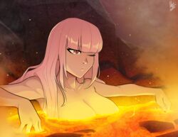  bathing blunt_bangs breasts collarbone completely_nude convenient_censoring female hololive hololive_english large_breasts lava lava_bath long_hair mori_calliope mx._moz nail_polish nude one_eye_closed partially_submerged pink_hair red_eyes rock solo steam virtual_youtuber 