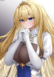  absurdres artist_name azur_lane blonde_hair blue_dress blue_eyes breast_cutout breasts commentary_request dress elbow_gloves female framed_breasts gloves grey_background hair_between_eyes highres interlocked_fingers juliet_sleeves large_breasts long_hair long_sleeves own_hands_together painleve_(azur_lane) praying puffy_sleeves see-through simple_background solo two-tone_dress ueyama_0clock upper_body very_long_hair white_dress white_gloves 