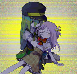  2girls alina_gray closed_eyes closed_mouth fishnet_thighhighs fishnets green_eyes green_hair hat layered_sleeves long_sleeves magia_record:_mahou_shoujo_madoka_magica_gaiden magical_girl mahou_shoujo_madoka_magica misono_karin multiple_girls open_mouth plaid plaid_skirt pleated_skirt puffy_short_sleeves puffy_sleeves red_ribbon ribbon sakae_general_school_uniform school_uniform see-through see-through_sleeves short_sleeves skirt thighhighs usagi_nui vest 