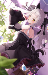  :o animal_ear_fluff animal_ears bare_shoulders black_bow black_dress black_ribbon blush bow cat_ears cat_girl cat_tail choker commentary_request detached_sleeves dress dutch_angle eating female food frilled_bow frilled_choker frilled_dress frilled_ribbon frilled_sleeves frills grey_hair hair_ribbon highres holding holding_food hololive indoors leaf long_hair long_sleeves looking_at_viewer looking_back murasaki_shion murasaki_shion_(gothic_lolita) pantyhose ribbon saki_(saki_paint) shiokko_(murasaki_shion) solo standing strapless strapless_dress tail tail_bow tail_ornament thigh_strap twintails virtual_youtuber white_hair wide_sleeves window yellow_eyes 