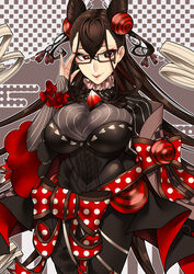  absurdres black_dress bow breasts bright_pupils brown_hair capelet cleavage_cutout clothing_cutout cone_hair_bun corset dress fate/grand_order fate_(series) female gem glasses hair_bun highres juliet_sleeves large_breasts long_sleeves looking_at_viewer murasaki_shikibu_(fate) polka_dot polka_dot_bow puff_and_slash_sleeves puffy_sleeves red_eyes red_gemstone shiochan smile solo valentine 