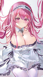  absurdres azur_lane blush breasts cleavage closed_mouth dress female highres large_breasts long_hair looking_at_viewer maid_headdress mile_(off8mile) pantyhose perseus_(azur_lane) pink_eyes pink_hair simple_background solo very_long_hair white_background white_dress white_pantyhose 