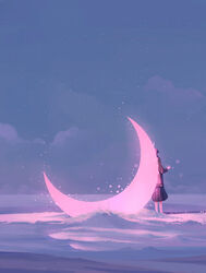  absurdres crescent_moon female glowing highres moon morncolour night night_sky ocean original outdoors sky surreal water 