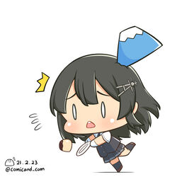  artist_logo black_hair black_skirt black_socks black_vest blush brown_footwear chibi commentary_request dated dress_shirt falling female food full_body gloves hair_ornament hairclip kantai_collection kneehighs long_hair mountain o_o one-hour_drawing_challenge open_mouth oyashio_(kancolle) plate pleated_skirt pudding shadow shiromaru_(maniado) shirt shoes short_sleeves simple_background skirt socks solo twitter_username vest white_background white_gloves white_shirt 