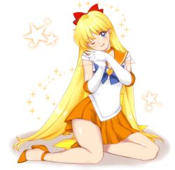  ;q aino_minako bare_legs bishoujo_senshi_sailor_moon blonde_hair blue_bow blue_eyes bow brooch choker circlet closed_mouth earrings elbow_gloves female full_body gloves hairbow half_updo hanada_no_kiwami heart heart_brooch high_heels interlocked_fingers jewelry legs long_hair magical_girl one_eye_closed orange_choker orange_footwear orange_sailor_collar orange_skirt own_hands_together pleated_skirt red_bow sailor_collar sailor_senshi_uniform sailor_venus shiny_skin simple_background sitting skirt solo sparkle star_(symbol) star_earrings super_sailor_venus tongue tongue_out very_long_hair white_gloves 