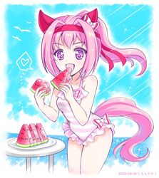  :d animal_ears artist_name blue_sky cloud cloudy_sky commentary dated day ear_covers eating female food frilled_one-piece_swimsuit frills fruit hair_intakes haru_urara_(umamusume) headband heart holding holding_food horizon horse_ears horse_girl horse_tail kuromori_yako looking_at_viewer notice_lines ocean one-piece_swimsuit open_mouth outdoors pink_eyes pink_hair pink_one-piece_swimsuit ponytail red_headband sky smile solo sparkle spoken_heart standing striped_clothes striped_one-piece_swimsuit swimsuit table tail umamusume watermelon wind 