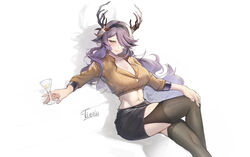  absurdres antlers arknights artist_name black_hairband black_skirt black_thighhighs breasts cleavage closed_mouth coldshot_(arknights) collarbone commentary crop_top crossed_legs cup feet_out_of_frame female garter_straps green_hair hair_over_one_eye hairband hand_on_own_knee highres holding holding_cup horns large_breasts long_hair long_sleeves looking_at_viewer midriff miniskirt navel purple_hair sitting skirt smile solo thighhighs tierla toned very_long_hair 