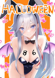  86_-eightysix- absurdres ahoge alternate_costume animal_ears antenna_hair bare_shoulders bat_wings black_bow black_bowtie black_hairband black_leotard blue_eyes body_writing bow bowtie breasts cleavage closed_mouth commentary_request covered_navel detached_collar english_text fake_animal_ears female grey_hair groin hair_between_eyes hairband halloween halloween_costume heart heart_background highleg highleg_leotard highres leone_(kamina0205) leotard long_hair looking_at_viewer medium_breasts multicolored_hair paid_reward_available pillarboxed playboy_bunny purple_wings rabbit_ears smile solo streaked_hair very_long_hair vladilena_millize wings wrist_cuffs 