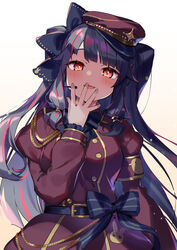  :d absurdres belt black_bow black_bowtie black_hair blunt_bangs blush bow bowtie breasts bright_pupils commentary covering_own_mouth dress female flat_cap gold_trim hairbow hand_over_own_mouth hat head_tilt highres juliet_sleeves long_hair long_sleeves looking_at_viewer medium_breasts military military_uniform multicolored_hair nijisanji open_mouth puffy_sleeves red_dress red_eyes red_hat simple_background smile solo split-color_hair streaked_hair symbol-only_commentary two_side_up uniform upper_body very_long_hair virtual_youtuber white_background white_pupils yorumi_rena yorumi_rena_(2nd_costume) yumesaki_nana 