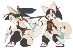  2019 anthro asian_clothing black_eyes black_hair blush breasts canid clothing countershading dagger east_asian_clothing female hair hi_res holding_dagger holding_melee_weapon holding_object holding_weapon koki mammal melee_weapon ponytail simple_background solo standing thick_thighs weapon white_background white_body white_countershading 