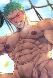  1boy abs bara blush completely_nude cropped dumbbell earrings exercising firenzesaika green_hair grin jewelry large_pectorals looking_at_viewer male_focus male_pubic_hair muscular muscular_male navel nipples nude obliques one_eye_closed one_piece out-of-frame_censoring pectorals penis_out_of_frame pubic_hair roronoa_zoro scar scar_across_eye scar_on_chest scar_on_face short_hair smile solo stomach sunlight sweat teeth weightlifting 