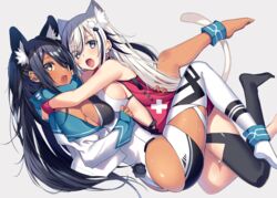  2girls absurdres animal_ear_fluff animal_ears armpits ass bare_shoulders bikini black_bikini black_hair black_legwear breasts cat_ears cat_girl cat_tail dark-skinned_female dark_skin ear_piercing extra_ears feet highres hug jacket kurebayashi_noe large_breasts long_hair long_sleeves looking_at_viewer multicolored_hair multiple_girls open_mouth original piercing rabbit_tail revealing_clothes sidelocks single_thighhigh sleeveless streaked_hair sweatband swimsuit tail thighhighs thighs tongue tongue_out white_bikini white_hair white_jacket yellow_eyes 