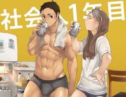  2boys 8_(yamalu) abs beer_can black_eyes black_hair bulge can chair closed_eyes drink_can drinking egg grey_hair haikyuu!! hand_on_own_hip indoors male_focus multiple_boys muscular navel refrigerator sawamura_daichi shirt short_hair sugawara_koushi sweat towel towel_around_neck underwear white_shirt yellow_background 