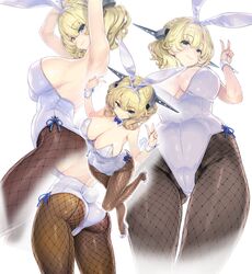  animal_ears armpits arms_up ass black_pantyhose blonde_hair blue_eyes braid breasts cameltoe colorado_(kancolle) commentary_request crown_braid fake_animal_ears fake_tail female fishnets headgear high_heels highleg highleg_leotard kantai_collection kiyama_satoshi large_breasts leotard looking_at_viewer multiple_views pantyhose playboy_bunny rabbit_ears rabbit_tail short_hair tail v white_background white_footwear white_leotard white_wrist_cuffs wrist_cuffs 