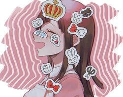  animal_print apron bad_id bad_twitter_id bandages bandaid bandaid_on_face bandaid_on_head bandaid_on_nose bbjj_927 bear_print blush bow bow_print brown_hair collared_shirt commentary crown_print danganronpa_(series) danganronpa_2:_goodbye_despair female highres long_hair open_mouth pillow pink_background pink_shirt rabbit_print scissors shirt solo sticker striped syringe too_many too_many_stickers tsumiki_mikan upper_body white_background 