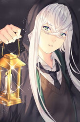  1boy akapug621 asclepius_(fate) asclepius_(my_student_council)_(fate) bad_id bad_pixiv_id candle collar eyes_visible_through_hair fate/grand_order fate_(series) green_eyes hair_between_eyes hood hood_up lantern male_focus necktie parted_lips short_hair_with_long_locks white_hair 