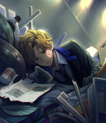  1boy absurdres black_jacket black_necktie blonde_hair blue_jacket bottle character_request check_character commentary_request formal gloves grey_gloves highres jacket long_sleeves lying male_focus matsuno_chifuyu messy_hair nanin necktie paper shirt solo striped_clothes striped_shirt tokyo_revengers trash white_shirt 