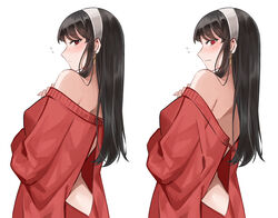  absurdres aihara_(aiharaorenji) back_cutout backless_dress backless_outfit bare_shoulders black_hair blush breasts clothing_cutout dress earrings female from_side hair_down hairband highres jewelry long_hair looking_at_viewer off_shoulder_dress red_dress red_eyes red_sweater simple_background solo spy_x_family surprised sweater white_background wide-eyed yor_briar 