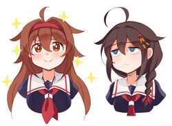  2girls ahoge black_hair black_serafuku blue_eyes braid brown_hair commentary_request cropped_torso hair_flaps hair_ornament hair_over_shoulder hairband highres kantai_collection kuroten long_hair multiple_girls orange_eyes red_hairband sailor_collar school_uniform serafuku shigure_(kancolle) shigure_kai_ni_(kancolle) shiratsuyu_(kancolle) shiratsuyu_kai_ni_(kancolle) single_braid smile sparkle upper_body white_sailor_collar 