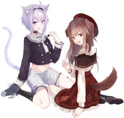  2girls :d ahoge animal_ear_fluff animal_ears beret black_choker black_footwear black_legwear black_shirt blouse braid breasts brown_footwear brown_hair cat_ears cat_tail choker commentary cross-laced_footwear dog_ears dog_girl dog_tail food full_body hairband hat highres holding holding_food hololive inugami_korone inugami_korone_(street) light_purple_hair long_hair long_sleeves looking_at_viewer looking_back medium_breasts midriff multiple_girls navel nekomata_okayu nekomata_okayu_(casual) official_alternate_costume onigiri open_mouth pantyhose purple_eyes red_eyes red_headwear red_skirt sailor_collar school_uniform serafuku shirt shitsuma shoes short_hair short_shorts shorts side_braids simple_background sitting skirt smile sneakers socks tail thighs twin_braids virtual_youtuber wariza white_background white_shirt white_shorts yokozuwari 