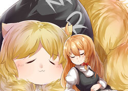  2girls :3 ahoge black_vest blonde_hair bow braid breasts closed_eyes closed_mouth commentary_request cookie_(touhou) dual_persona hair_between_eyes hairbow highres human_head juliet_sleeves kirisame_marisa koga_(cookie) lion long_hair long_sleeves multiple_girls puffy_sleeves red_bow shirt side_braid single_braid sleeping small_breasts smile split_mouth touhou upper_body vest white_shirt yumekamaborosh 