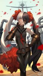  :d absurdres arepko bad_id bad_pixiv_id bare_shoulders belt black_bodysuit black_gloves black_hair blade_&amp;_soul bodysuit breasts buckle collar eyepatch feet_out_of_frame female fingerless_gloves gloves grin hand_on_own_hip highres industrial_pipe long_hair looking_at_viewer multicolored_hair nail_polish neckerchief o-ring o-ring_belt one_eye_covered parted_lips petals pohwaran red_nails red_neckerchief ship signature small_breasts smile solo standing two-tone_hair very_long_hair watercraft white_hair yellow_eyes 