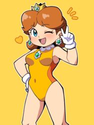  ;d blue_eyes breasts brown_hair covered_navel cowboy_shot crown earrings female flower_earrings gloves hand_on_own_hip heart highres jewelry leotard looking_at_viewer mario_&amp;_sonic_at_the_london_2012_olympic_games mario_&amp;_sonic_at_the_olympic_games mario_(series) medium_breasts one_eye_closed open_mouth orange_leotard princess_daisy princess_daisy_(swimwear) short_hair simple_background smile solo standing two-tone_leotard w white_gloves yellow_leotard yume_yoroi 