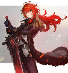  1boy black_coat black_gloves black_pants closed_mouth coat diluc_(genshin_impact) fur_trim genshin_impact gloves half-closed_eyes hayama_eishi highres holding holding_sword holding_weapon long_coat long_hair long_sleeves looking_at_viewer male_focus open_clothes open_coat pants ponytail red_eyes red_hair smile sword trench_coat weapon 