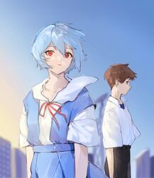  1boy ayanami_rei blue_hair blue_sky brown_hair female ikari_shinji looking_at_viewer neon_genesis_evangelion outdoors profile red_eyes school_uniform shirt shirt_tucked_in short_hair short_sleeves sky upper_body usagiplanet7 white_shirt 