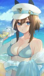  :o animal_ears beach bikini blue_bikini blue_eyes blue_sky blush bottle breasts brown_hair cheval_grand_(umamusume) cleavage collarbone commentary_request day ears_through_headwear female food fruit hat highres holding holding_bottle horse_ears horse_girl jacket kkokko lemon lemon_slice lens_flare medium_breasts multicolored_hair ocean off_shoulder open_clothes open_jacket outdoors parted_lips peaked_cap school_swimsuit short_hair single_bare_shoulder sky sleeves_past_wrists solo sparkle streaked_hair swimsuit towel track_jacket two-tone_hair umamusume unzipped upper_body water white_hair white_hat white_jacket 