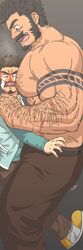  2boys arm_tattoo bara belt between_pectorals black_belt blood blush brown_pants chest_hair crying crying_with_eyes_open dark-skinned_male dark_skin dobito_mn facial_hair from_side giant giant_male goatee happy_tears head_between_pecs highres korean_commentary large_pectorals long_sideburns male_focus mature_male mini_person miniboy moustache multiple_boys muscular muscular_male no_nipples nosebleed original pants pectorals short_hair sideburns size_difference sweatdrop tattoo tears thick_thighs thighs topless_male yaoi 