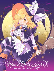  alternate_costume apron artist_name azuma_aya back_bow bat_(animal) black_capelet blonde_hair blush boots bow braid breasts broom broom_riding buttons capelet center_frills commentary dated english_text eyes_visible_through_hair female frills full_body full_moon gradient_background hair_ribbon halloween halloween_costume hat hat_bow highres kirisame_marisa long_hair long_sleeves looking_at_viewer moon open_mouth pantyhose purple_background purple_ribbon ribbon shirt single_braid sitting small_breasts solo sparkle star_(symbol) striped_clothes striped_pantyhose symbol-only_commentary touhou tress_ribbon waist_apron white_apron white_bow white_shirt witch_hat wrist_cuffs yellow_eyes 