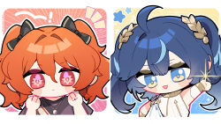  2girls absurdres aged_down ahoge arm_up augusta_(wuthering_waves) black_bow black_shirt blue_eyes blue_hair border bow bracelet chibi chibi_only chinese_commentary closed_mouth commentary_request hair_between_eyes hairbow hands_up highres iuno_(wuthering_waves) jewelry kyou_039 laurel_crown long_hair looking_at_viewer multicolored_hair multiple_girls multiple_hair_bows necklace notice_lines open_mouth orange_background orange_hair red_eyes shirt smile streaked_hair tacet_mark_(wuthering_waves) twintails twitter_username upper_body white_border white_shirt wuthering_waves yellow_background 