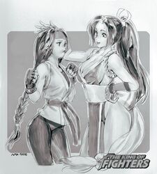  2018 2girls art_of_fighting artist_request bangs belt big_breasts bow braid breast_envy breast_size_difference breasts cheeks clothed dated eyebrows eyelashes fatal_fury female female_only gloves greyscale hand_on_another&#039;s_head hand_on_hip hands_up headband human jealous kunoichi light-skinned_female lips long_hair looking_at_another looking_at_breasts mai_shiranui monochrome muscular muscular_female signature size_difference snk spandex spandex_pants thick_thighs vambraces very_long_hair yuri_sakazaki 