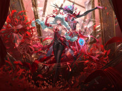  arm_up bandaged_arm bandages bare_shoulders beamed_eighth_notes black_pantyhose black_skirt braid dress earrings female flower glass_shards grey_eyes grey_hair halter_dress halterneck hecate_(wuthering_waves) heterochromia highres holding holding_flower jewelry long_hair looking_at_viewer low_twin_braids musical_note official_art pantyhose phrolova_(wuthering_waves) picture_frame red_dress red_eyes skirt spider_lily swd3e2 tacet_discord_(wuthering_waves) tacet_mark_(wuthering_waves) twin_braids wuthering_waves 