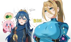  ... 2girls absurdres arrow_(symbol) blonde_hair blue_bodysuit blue_eyes blue_hair blush bodysuit breast_envy breasts cantaloupe cape closed_mouth commentary_request drooling fire_emblem fire_emblem_awakening food fruit hair_between_eyes heart highres impossible_bodysuit impossible_clothes kirby kirby_(series) large_breasts long_hair lucina_(fire_emblem) melon metroid mole mole_under_mouth multiple_girls open_mouth ponytail saliva samus_aran simple_background skin_tight smile sparkle speech_bubble spoken_ellipsis super_smash_bros. sweat thought_bubble tiara white_background yasaikakiage zero_suit 