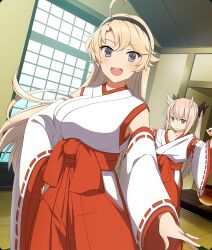  2girls :d ahoge black_bow black_hairband blonde_hair blue_eyes bow breasts brown_eyes clothing_cutout collarbone detached_sleeves dot_nose double-parted_bangs dutch_angle game_cg hair_horns hairband hairbow hakama hand_on_own_hip hip_vent indoors japanese_clothes kohagura_ellen kosode large_breasts long_hair long_sleeves looking_at_viewer mashiko_kaoru multiple_girls nontraditional_miko official_art open_mouth outstretched_arm oversized_clothes pink_hair red_hakama single_bare_shoulder single_off_shoulder sleeveless smile tatami teeth third-party_source toji_no_miko toji_no_miko:_kizamishi_issen_no_tomoshibi twintails upper_teeth_only white_sleeves window 