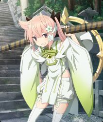  architecture black_bow bow brown_eyes cosplay day detached_sleeves east_asian_architecture female flower game_cg green_flower green_shirt green_shorts grin hair_flower hair_horns hair_ornament hairbow huge_weapon inubouzaki_itsuki inubouzaki_itsuki_(cosplay) katana leaning_forward long_hair looking_at_viewer magical_girl mashiko_kaoru official_art outdoors over_shoulder pink_hair railing sheath sheathed shirt shorts sidelocks sleeveless sleeveless_shirt smile solo stairs stone_lantern stone_stairs stone_walkway sword third-party_source toji_no_miko toji_no_miko:_kizamishi_issen_no_tomoshibi tree twintails weapon weapon_over_shoulder wide_sleeves yuuki_yuuna_wa_yuusha_de_aru yuusha_de_aru 